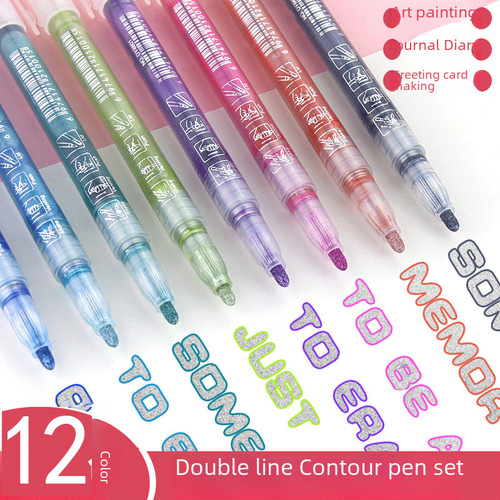 Double Line Outline Pen Graffiti Painting Color Marking Student Handbook Internet Famous June 1st Fluorescent Pen Flash 12 Sets 