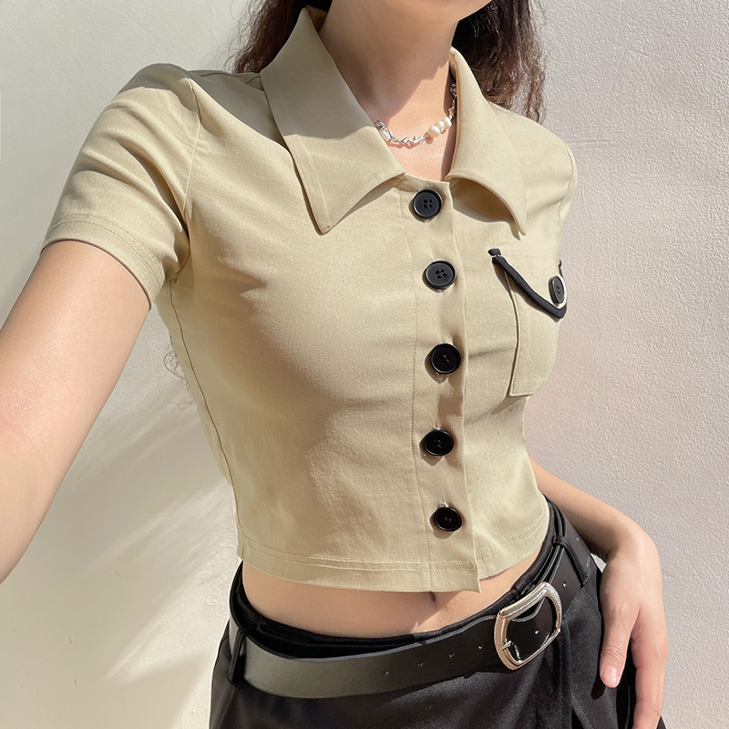 buttoned solid color lapel short sleeve slim T-shirt NSSSN133187