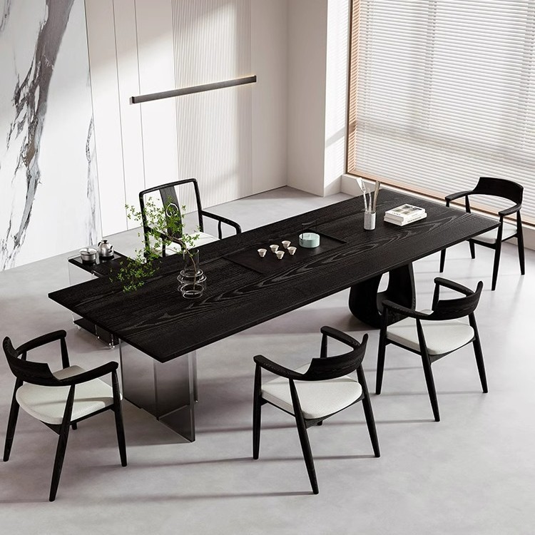 Wabi-Sabi Style White Ash Solid Wood Tea Table, Modern Light Luxury High-End Home Use Cat Hole Integrated Tea Table