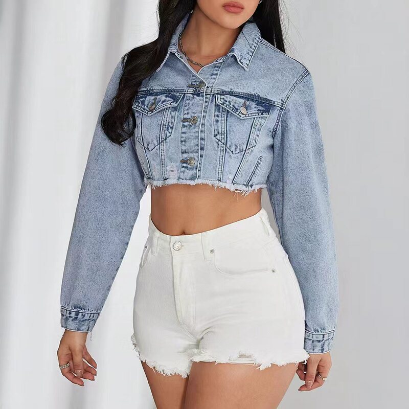 Cross-Border, Denim Non-Elastic Cropped Top, Classic Style Light Blue Denim Cotton Mid-Pants Pattern Regular