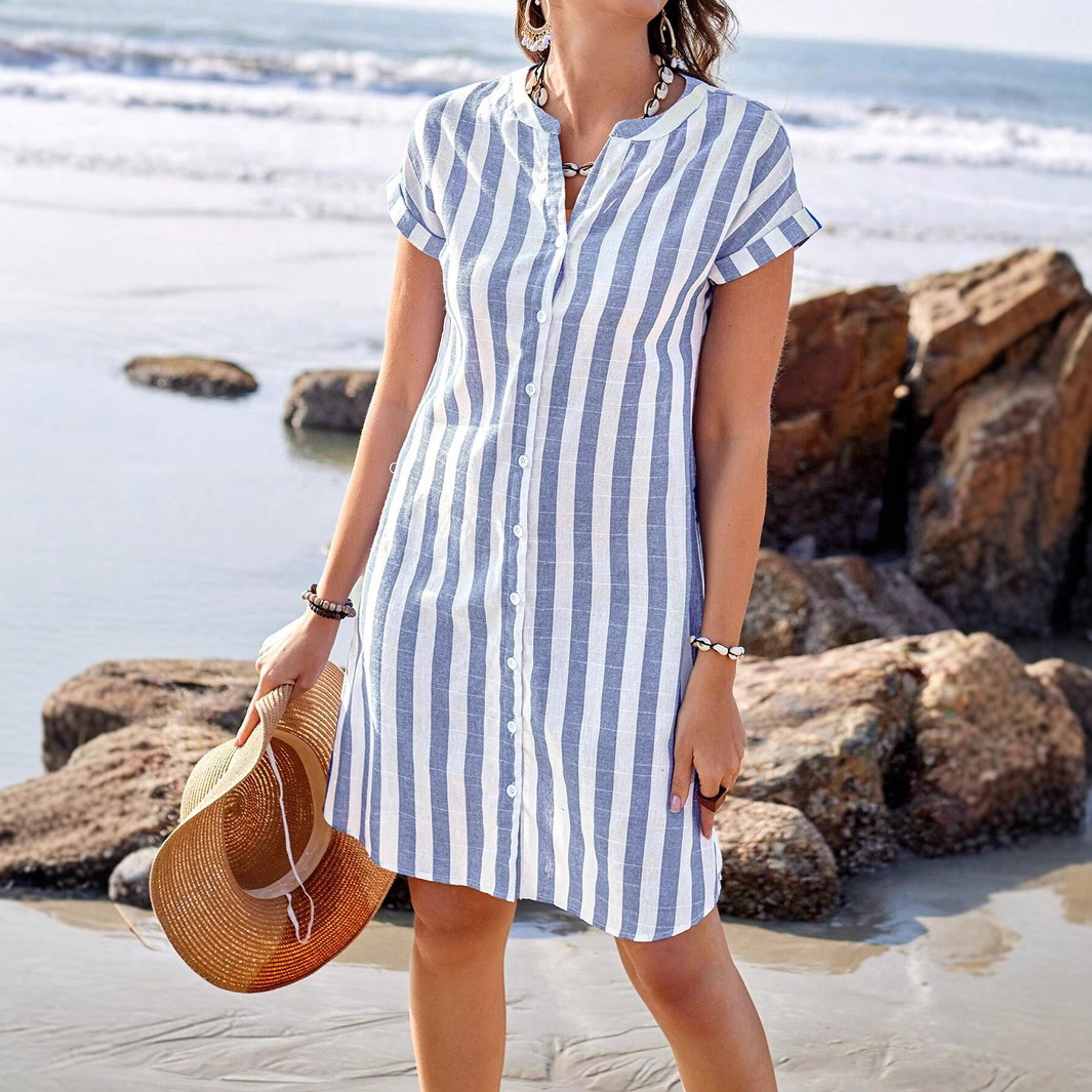 Amazon Cross-Border 2025 Summer Shirt Women's Fashion Loose Casual Elegant Casual Striped Shirt Top