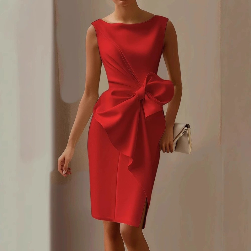 Bowknot solid color mid-length dress, sleeveless, high-waisted, slim fit, elegant style, cross-border fast-response model (available worldwide)