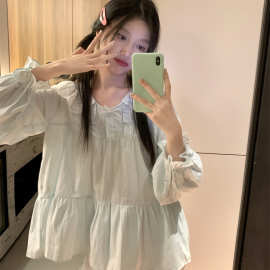 春秋韩版甜美公主风棉纱睡衣女蕾丝小清新娃娃领长袖长裤家居服