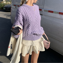 KANING紫色麻花套头针织衫2025秋冬新款加厚宽松慵懒风粗针毛衣女