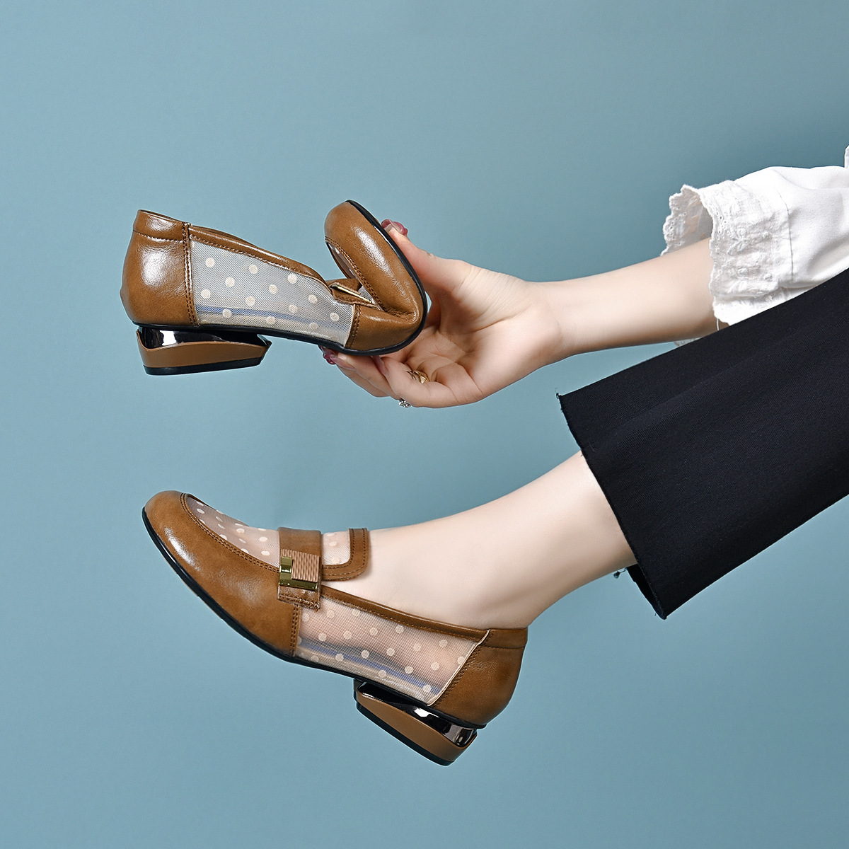 Giày lười nữ da bò đế mềm lưới thoáng khí mùa xuân hè — Kaki-3 cm