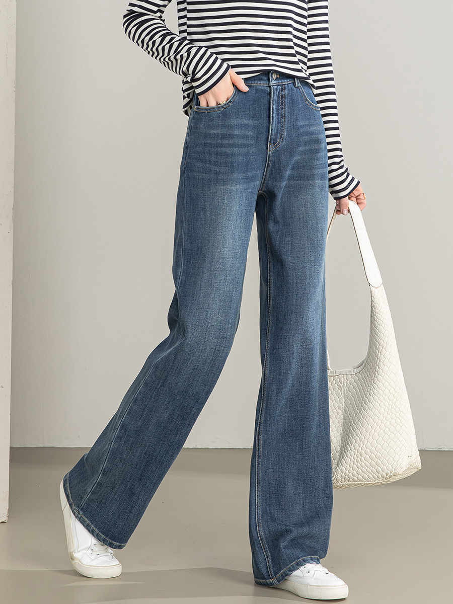 Quần jean nữ ống rộng cạp cao chất liệu tencel co giãn 4 chiều — xanh lam