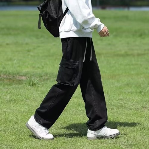 Cotton Smoke Grey Workwear Jeans Men's Spring and Autumn Season Floor-Length Straight Leg Long Pants with Multiple Pockets Vibe Pants