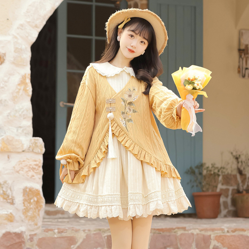2026 Original Design Sunflower Poetry Chinese Style Improved Han Elements Women's Jacket and Dress Set 7021