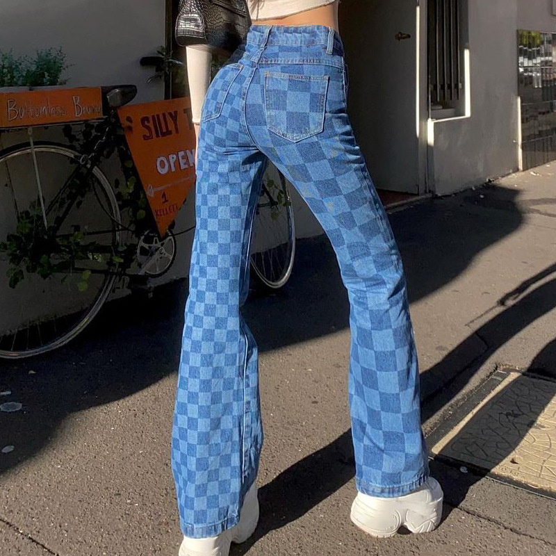 Blue Plaid Print Loose Wide-Leg Pants NSHTL98793