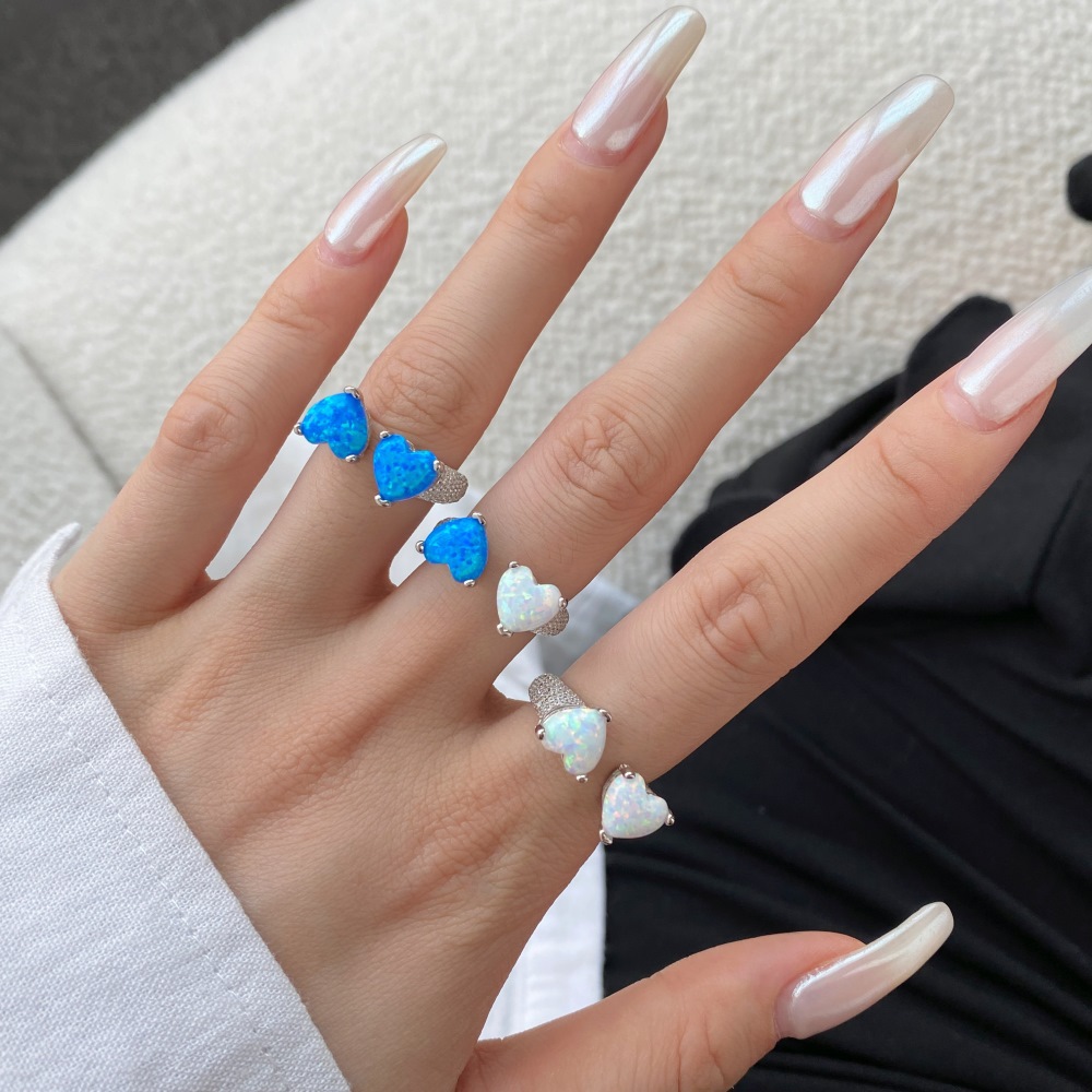 8g Weight October Birthstone Opal Inlay Material Open Ring Classification 925 Sterling Silver Opal Open Ring Heart Shape