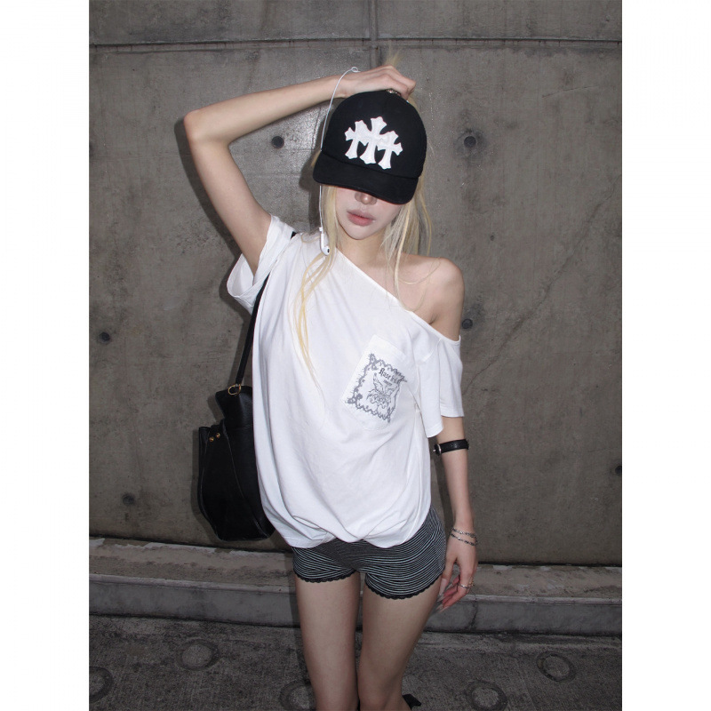 In-Stock 260g Rayon White Off-Shoulder Pocket T-Shirt, Loose Short-Sleeve Women's Summer Top with Unique Drape and Printed Design In-Stock 260g Rayon White Off-Shoulder Pocket T-Shirt, Loose Short-Sleeve Women's Summer Top with Unique Drape and Printed Design