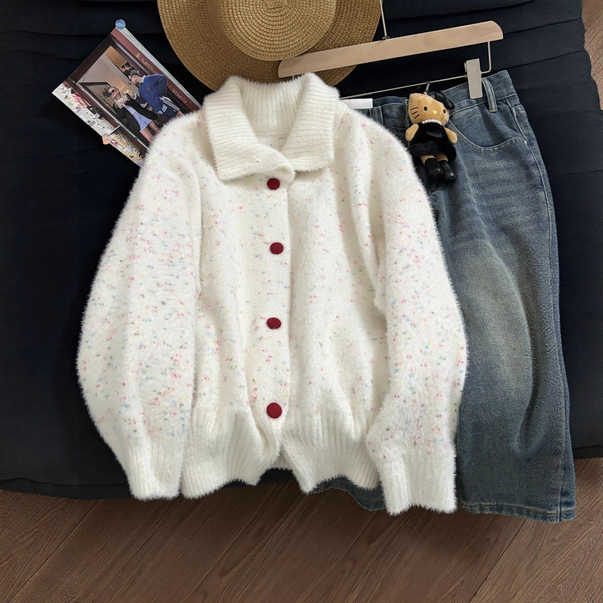 韩系甜美彩点白色仿水貂绒毛衣外套女冬季宽松慵懒风针织开衫上衣