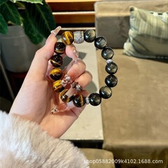 黒神話悟空モデル天然虎眼石黒曜石水晶手串デザイン感ブレスレット男性が夫にプレゼントします。