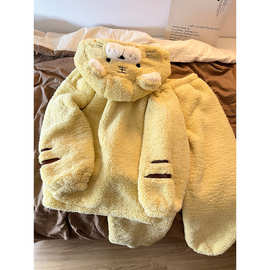 可爱小老虎连帽珊瑚绒睡衣女冬季新款慵懒软糯保暖加厚家居服套装