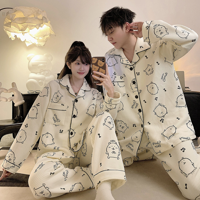 Japanese-Style Cartoon Self-Deprecating Bear Autumn and Winter Air Cotton Long-Sleeve Pajamas Couple Men's and Women's Set Loungewear Suitable for Outdoor Wear