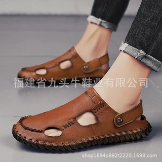 凉拖鞋跨境大码男士凉鞋夏季新款外穿软底休闲风包头牛皮男鞋代发