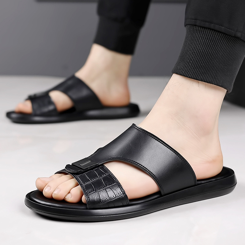 Men's Leather Outdoor Beach Slippers With Soft Sole And Open Toe_voghion.com