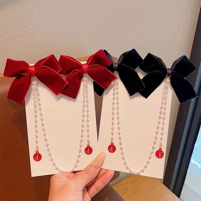 Children's hairgrip, pendant with bow with tassels, red hair accessory, Chinese style