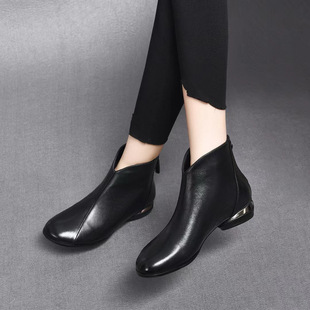 Low-Heeled Leather Boots for Women 2025 Autumn and Winter New Round-Toe Thick-Heeled Cotton Boots First-Layer Cowhide Back Zipper Flats Women's Short Boots