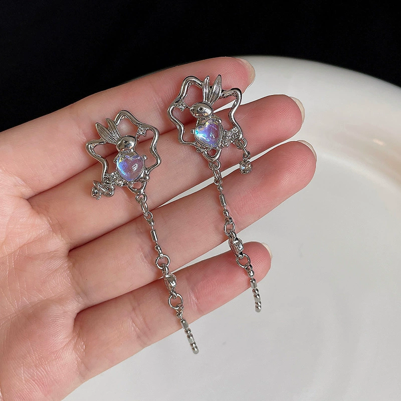 Серебряная игла, милый кролик, серьги, стильная длинная цепочка, серебро 925 образец