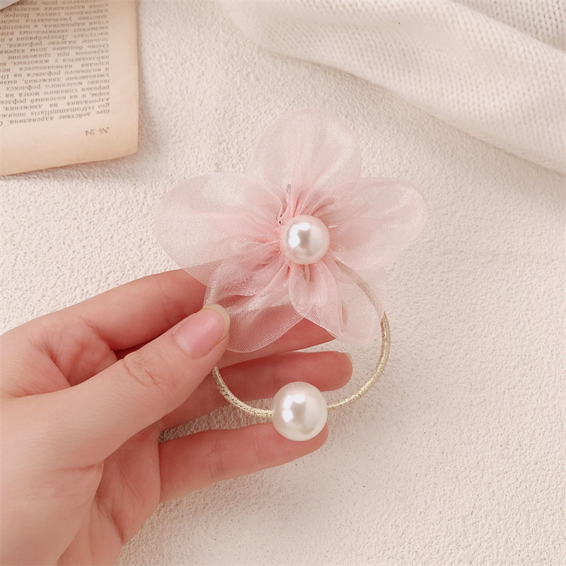 Nuevo hilo de malla de perla flor anillo de cabello de alta sensación de la cabeza de la corda de cabello de la corda de cabello de la cola de caballo temperamento banda de goma adornamiento para el cabello