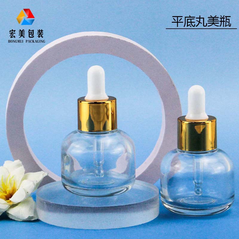 现货批发30ml玻璃滴管式精油瓶圆肩金圈矮胖精华液瓶化妆品分装瓶