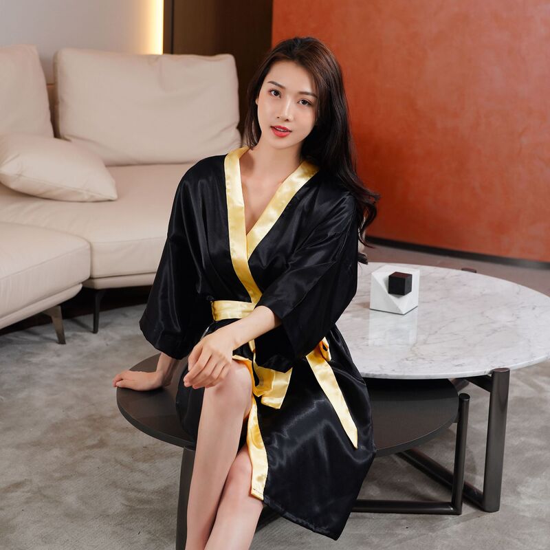 European and American women's nightgown simulation silk satin bridesmaid kimono foreign trade solid color Ice Silk morning gown sexy stitching bathrobe