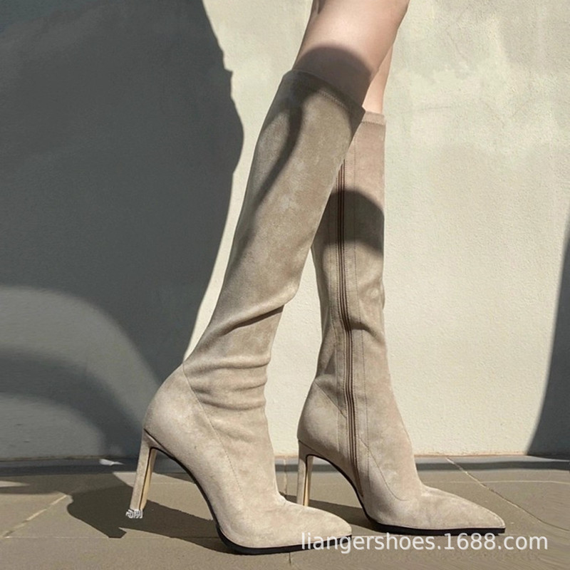 2025 New Autumn and Winter Suede Boots for Women, High Heels, Pointed Toe, Elastic Slim Boots, Thick Heels, High Boots for Women, Side Zippers