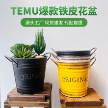 TEMU爆款跨境铁皮花盆ins风复古做旧多肉绿植花瓶字母黄黑白色桶
