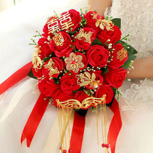 伴娘手花新娘手捧花仿真玫瑰花束緞帶花婚紗照拍攝道具結婚用品