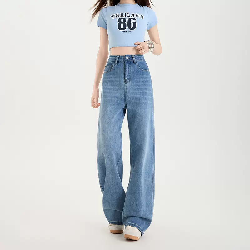 新品透气超柔弹力直筒牛仔裤女2025春夏舒适挺阔高腰百搭软休闲裤