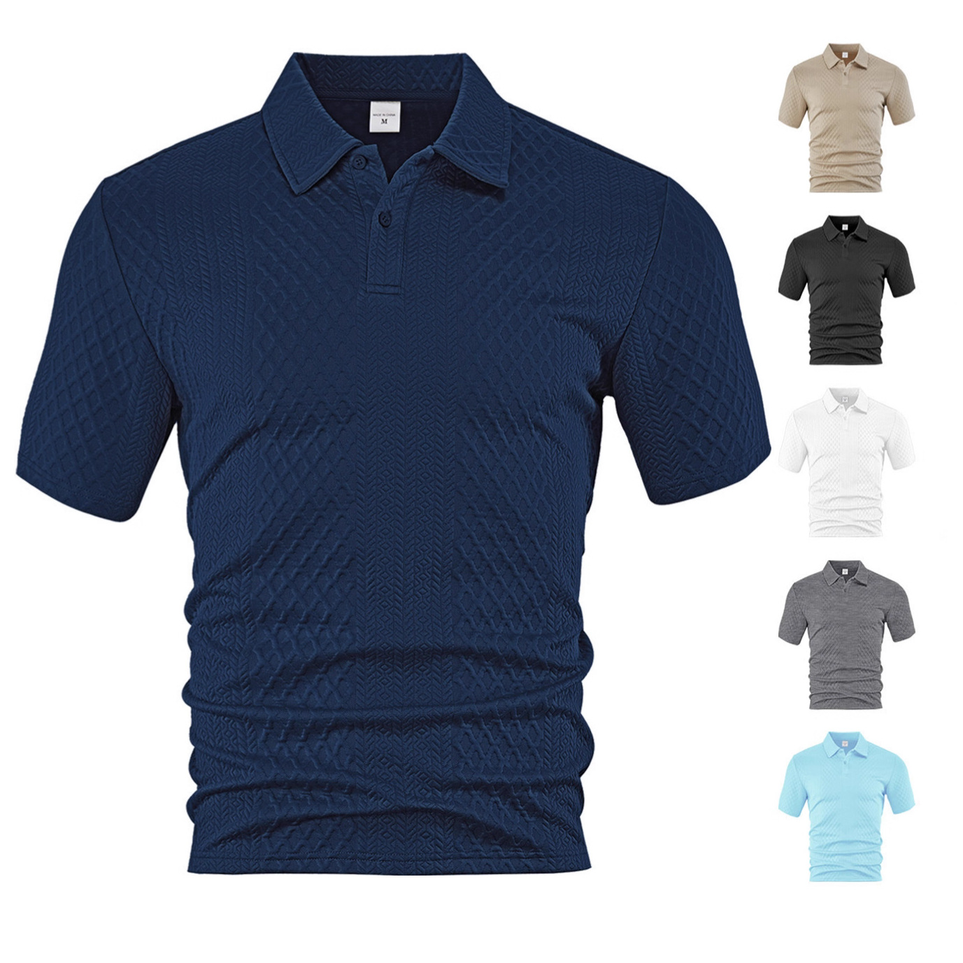 Europa y Estados Unidos ropa de hombre transfronteriza verano delgado relajado transpirable casual Jacquard de color sólido con solapa de manga corta camisa polo de hombre image 3