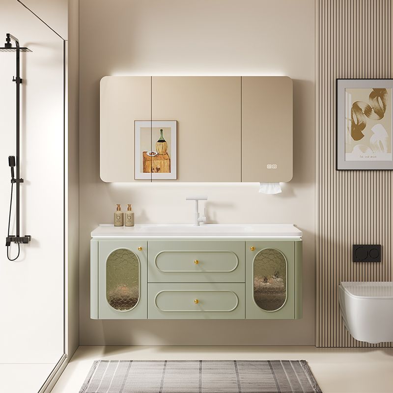 Oak French-Style Bathroom Cabinet with Integrated Ceramic Basin, Home Washbasin, Bathroom Sink, Mirror Cabinet Set