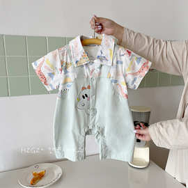 新生婴儿夏季连体衣2025新款男宝宝拼接恐龙翻领短袖哈衣纯棉服装