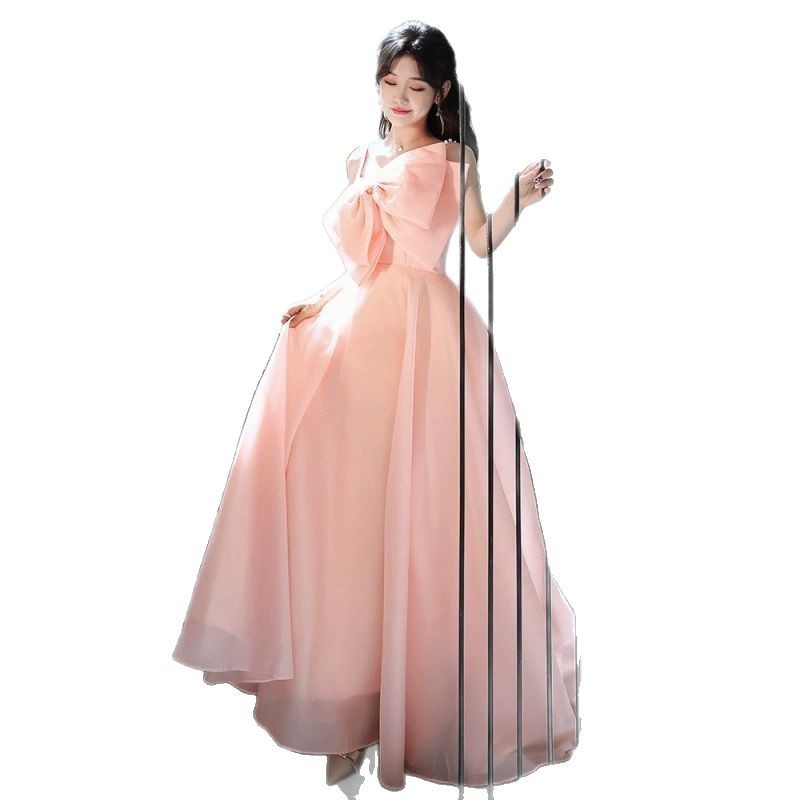 Đầm maxi nữ thắt eo dáng công chúa không dây, phong cách dạ hội thanh lịch — Màu hồng