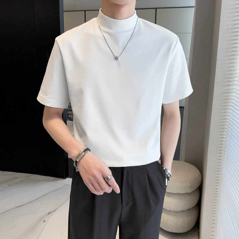 Summer base white body-friendly solid short sleeve T-shirt, high collar