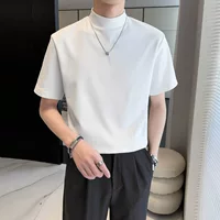 Summer base white body-friendly solid short sleeve T-shirt, high collar