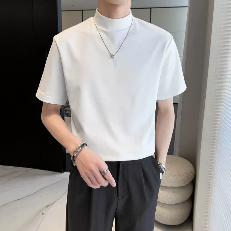 Summer base white body-friendly solid short sleeve T-shirt, high collar