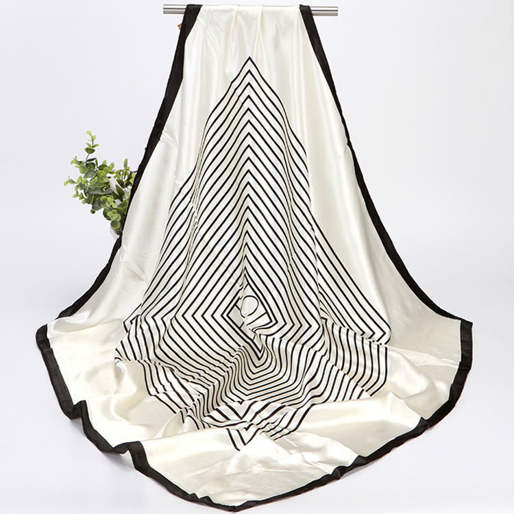 Women's Silk Scarf Black And White Striped Printed Square Accessory_voghion.com