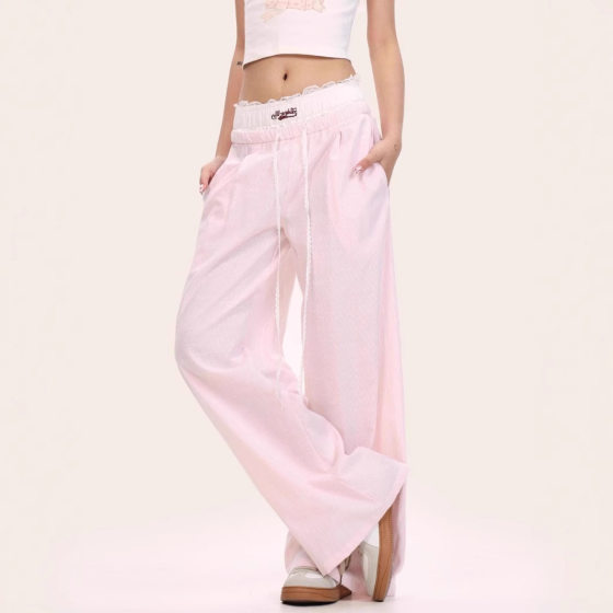 Fake Two-piece Blue Casual Pants Women's Spring and Summer 2025 Lace Stitching Straight Leg Pants Ballet Striped Pants