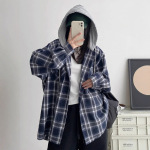 复古连帽格子衬衫女春秋宽松慵懒风小个子格纹衬衣跨境防晒外套女