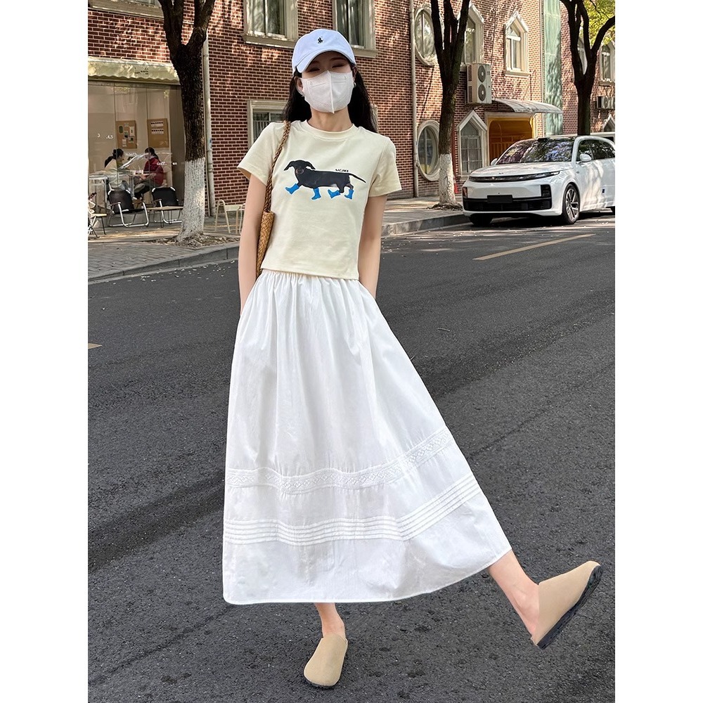 Chân váy xòe chữ A trắng phong cách Hàn Quốc eo thun — Màu trắng (vải cotton lót túi)