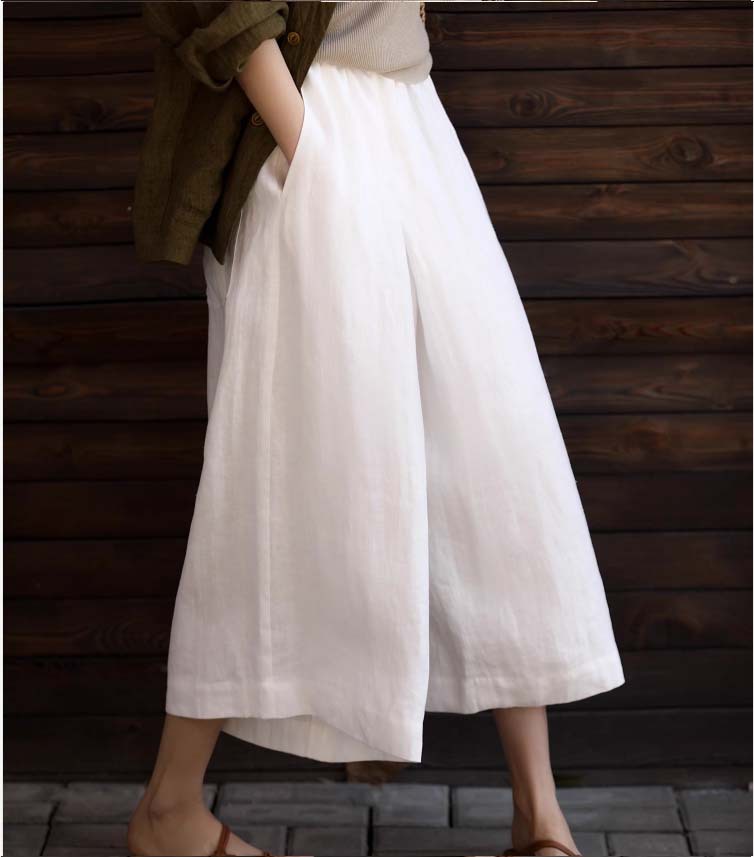 Quần culottes ống rộng vải lanh mỏng mát mùa hè nữ — Trắng sứ trơn, Xanh ngọc bích chi tiết 5