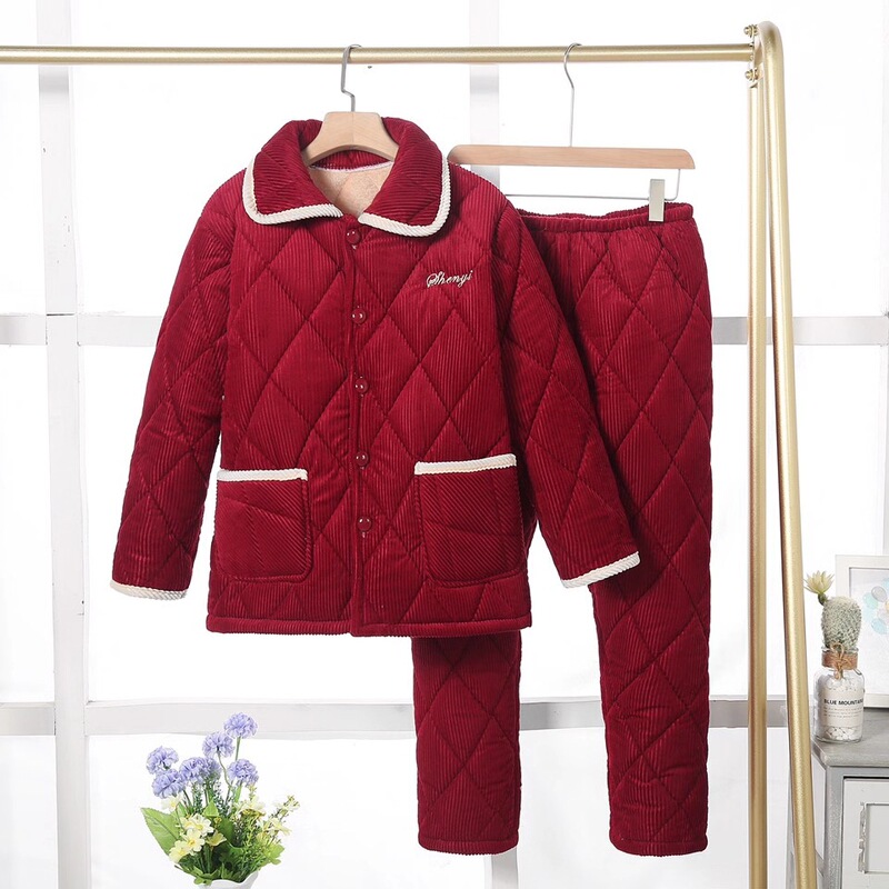 Winter Women's Three-Layer Quilted Pajamas with Fleece, Thickened Warm Loungewear Set for Mothers, Crystal Velvet Fabric