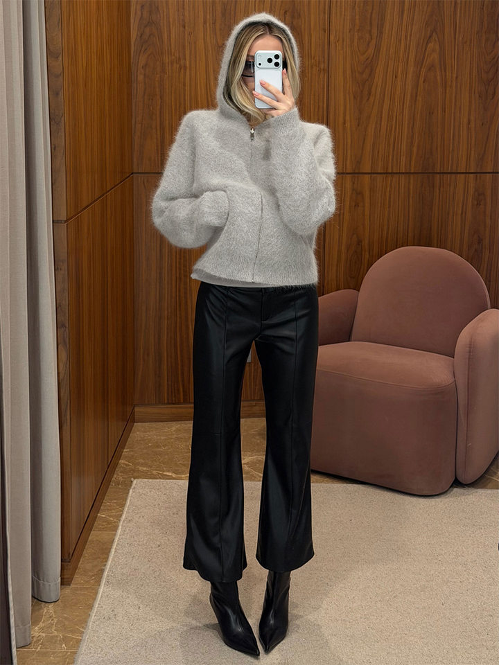 Bộ đôi áo cardigan len dệt kim có mũ khóa kéo viền lông giả và quần dài hai túi dáng rộng — màu xám chi tiết 9