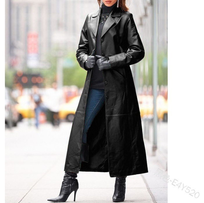 Spot explosive single cross-border supply of European and American women's button leather coat long coat slim slim large size leather trench coat