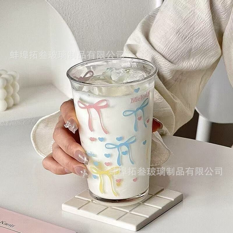 Girl's Bow-Knot Flip-Top Glass Cup, High-Looking Glass Cup for Home Use, Milk Juice Cup, Coffee Latte Cold Drink Cup