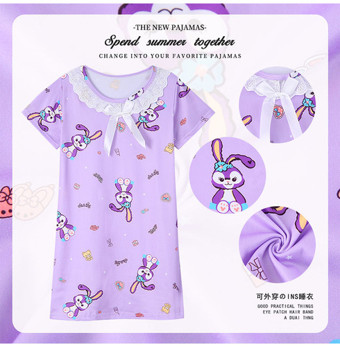 Girls' Sleep Gowns, Children's Summer Short Sleeve Baby Thin Edge Lace Dress, Cartoon Homecoming Wear for Little Girls, Medium to Large Kids