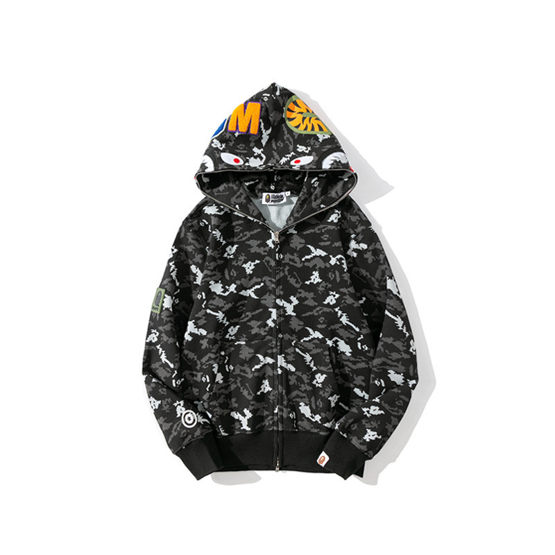 2025 [健康布] 3D デジタル印刷 Bape ブランド シャークヘッド スウェットシャツ メンズ カップル ジッパー カーディガン ベルト付き|undefined