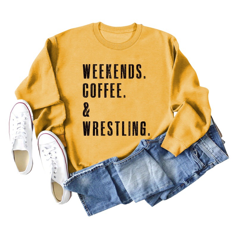 Fines de semana café Amazon en stock cuello redondo moda letras más tamaño Otoño e Invierno manga larga suéter